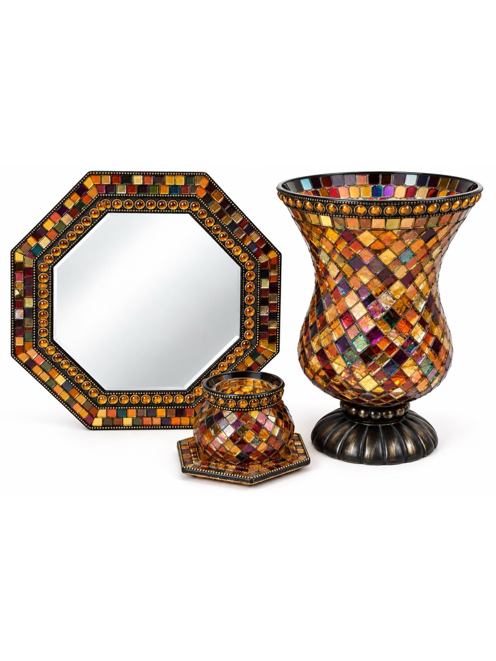 Vintage PartyLite Global Fusion Mosaic 3-Piece Set Hurricane Mirror Votive